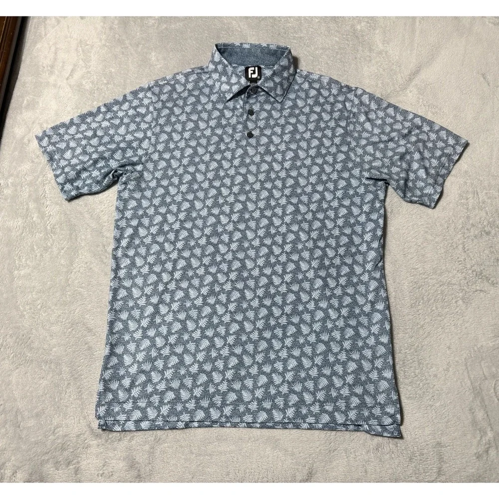 FootJoy Polo Shirt Mens Medium Blue Leaf Golf Performance AOP Preppy Resort